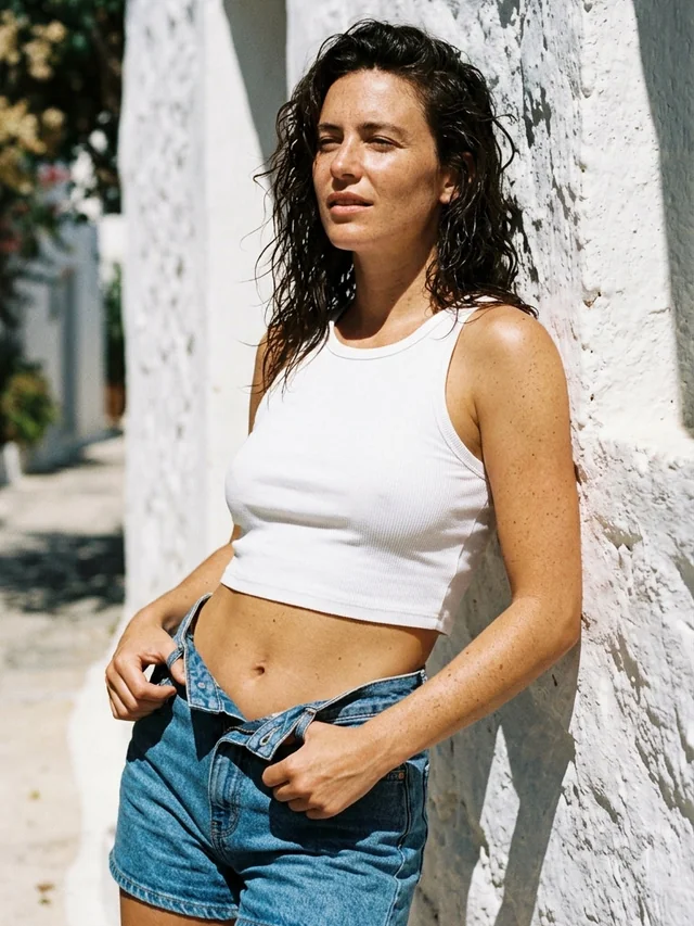 denim shorts, salt still in her hair