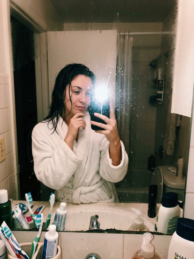 out of the shower, robe on, flash up
