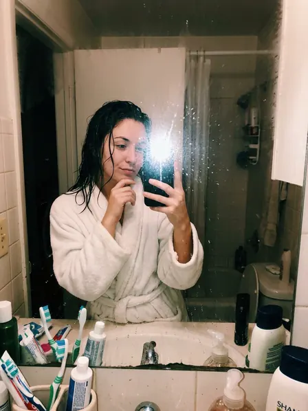 out of the shower, robe on, flash up