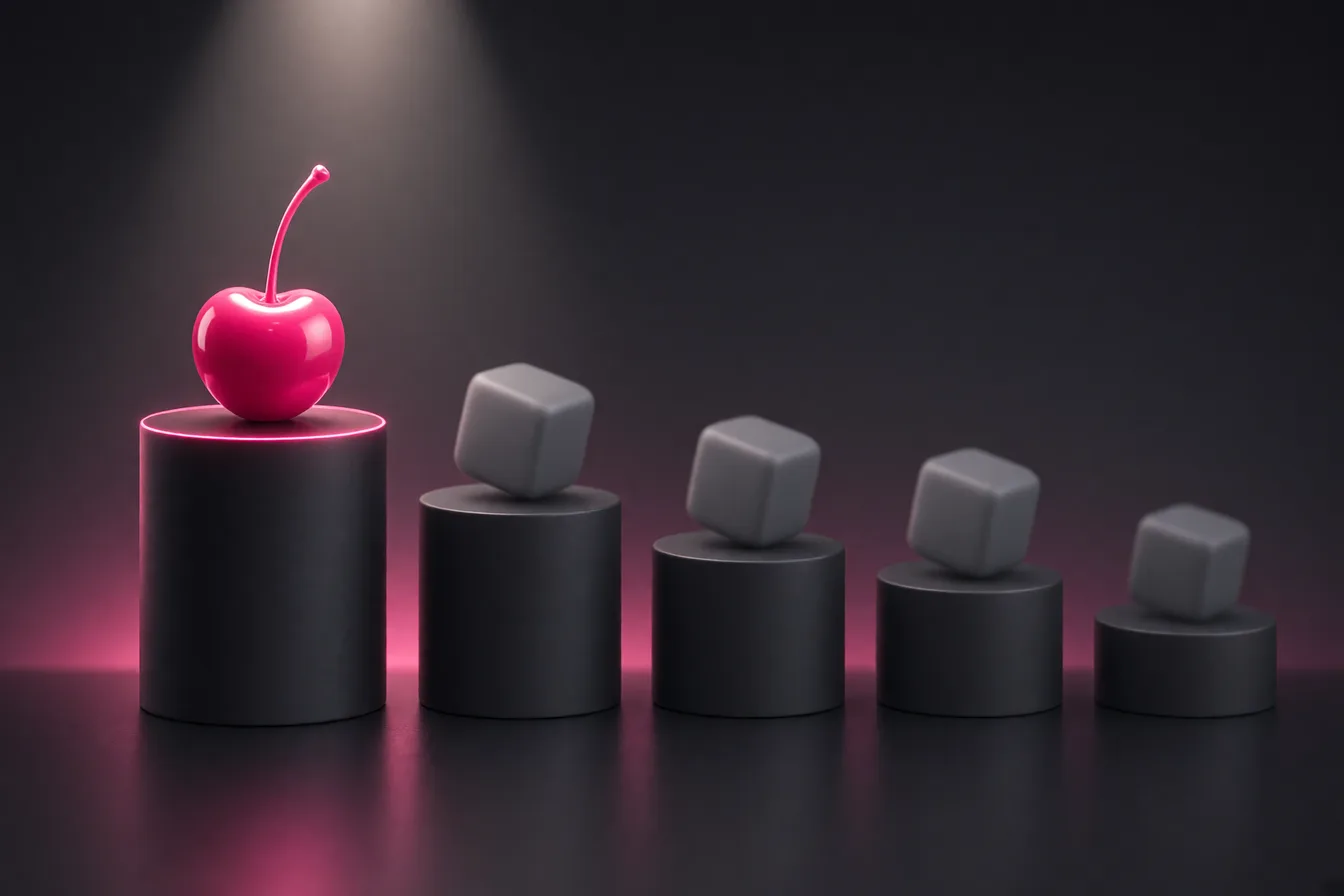 Ranking podium with a glowing pink cherry in first place ahead of four grey cubes