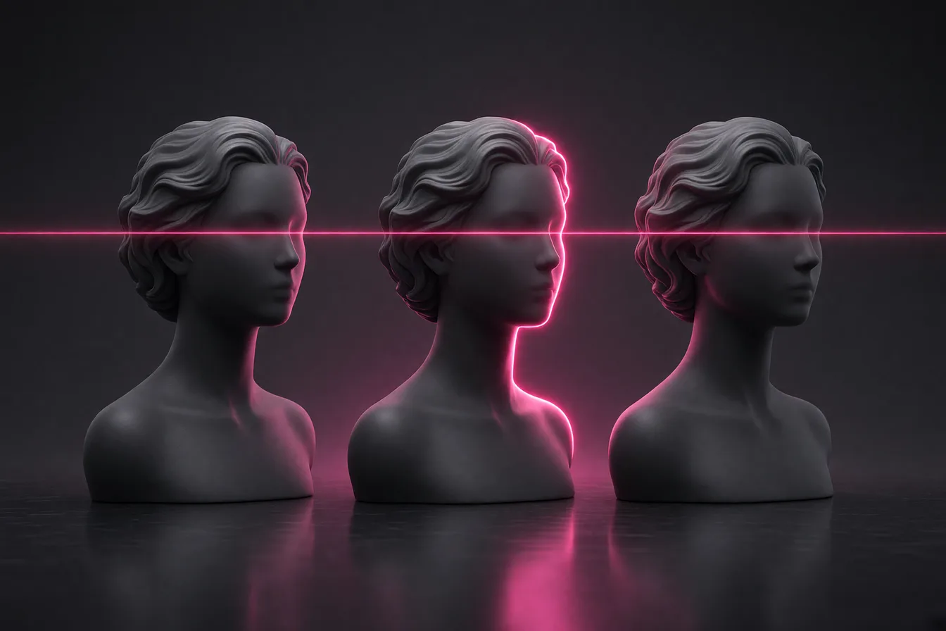 Three identical stylized female busts connected by a pink line, symbolizing one consistent AI character