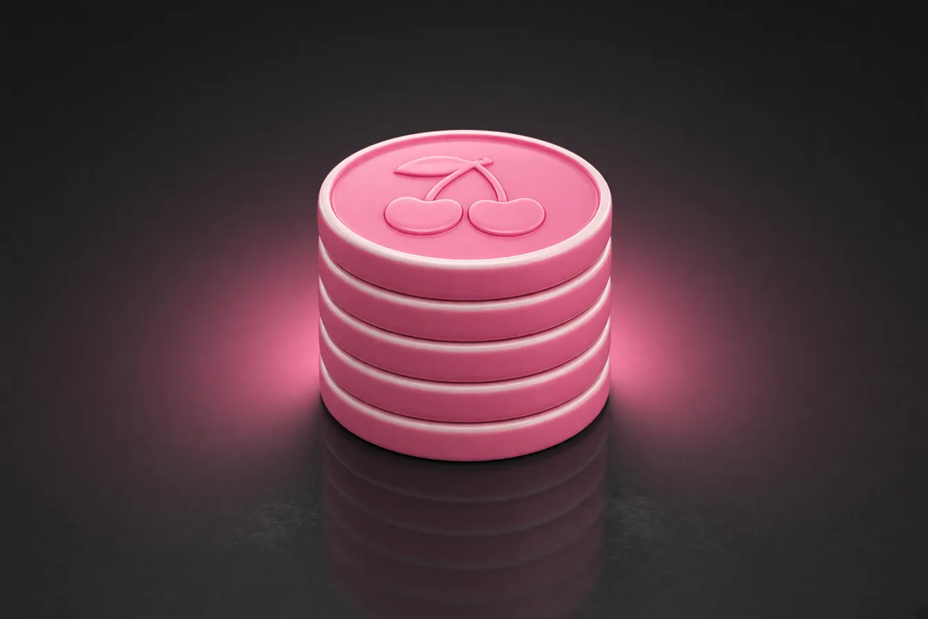 Stack of glowing pink cherry credit tokens next to a dim grey subscription loop