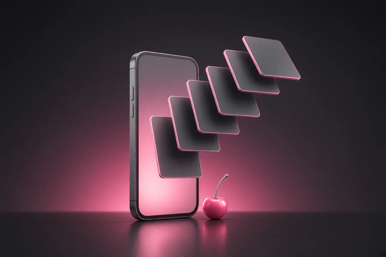 Stylized illustration of a phone filling a feed with glowing content cards