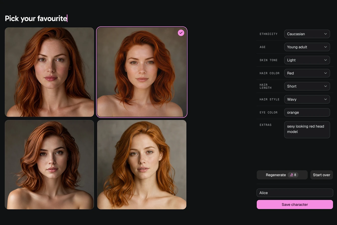 Four AI character previews of the same woman in the OnlyNudes character creator, with one selected as the saved reference