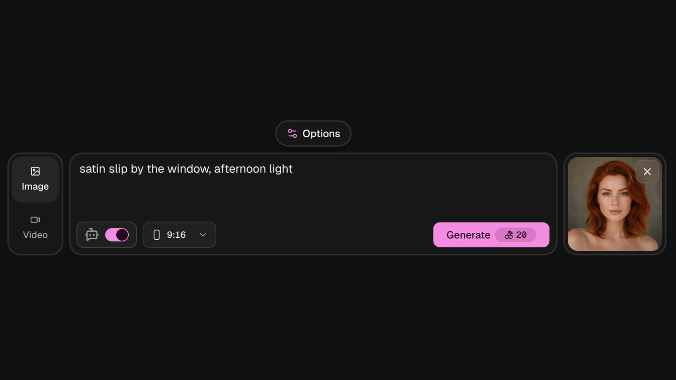 OnlyNudes studio generation bar with a saved character pinned and the render price shown on the Generate button