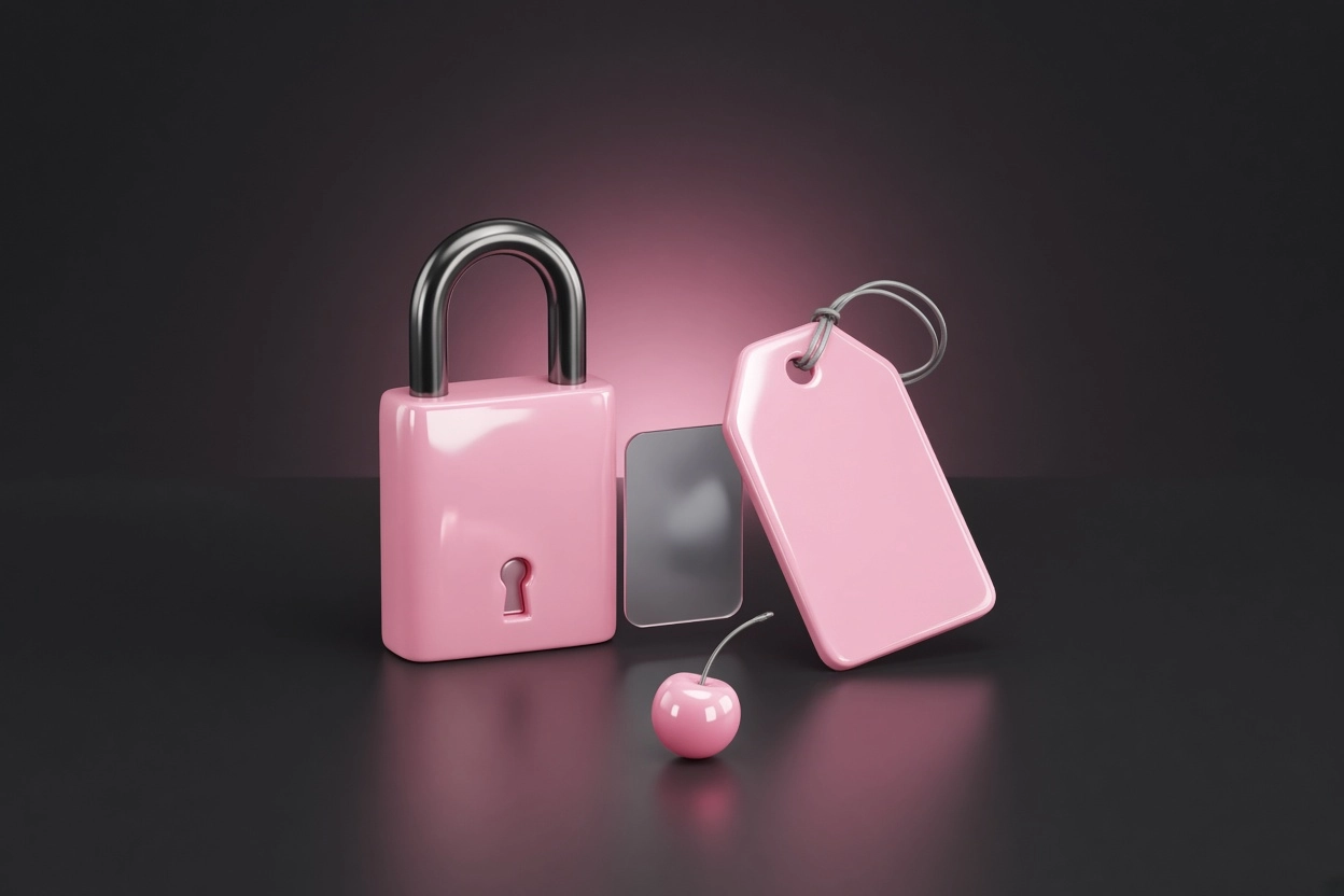 A pink padlock and a pink price tag standing either side of a frosted post card, with a pink cherry in front
