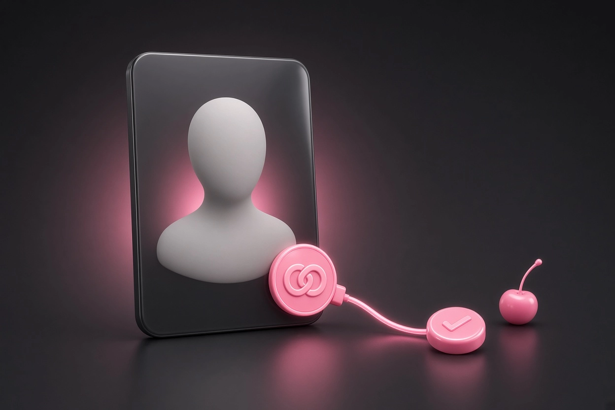 A grey character profile card with a glowing pink link badge on its corner, wired by a pink cable to a pink check mark button