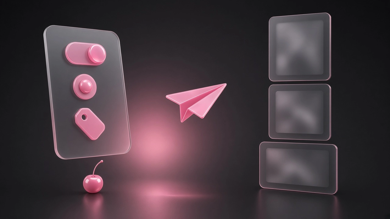 A frosted glass panel with a pink toggle, a pink radio button and a pink price tag, sending a pink paper plane toward a column of three feed post cards of different shapes