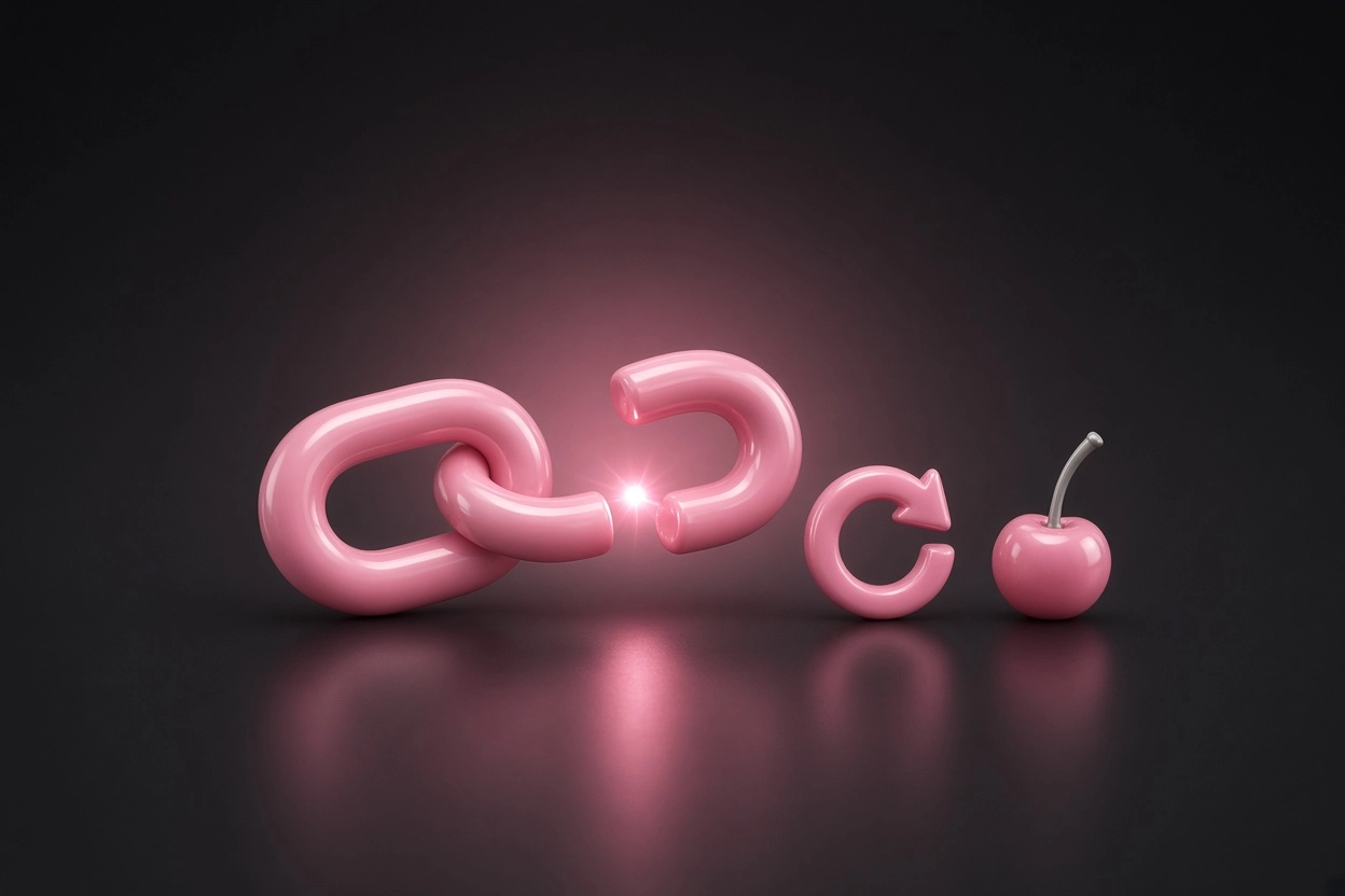A pink chain with one link split open and a spark in the gap, next to a pink refresh arrow and a pink cherry