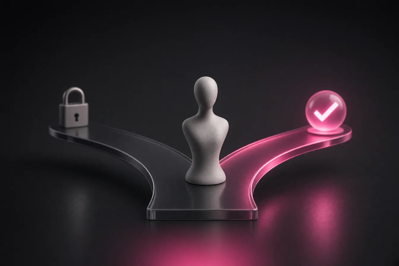 Stylized forked path where a female bust chooses between a locked branch and a glowing approved branch