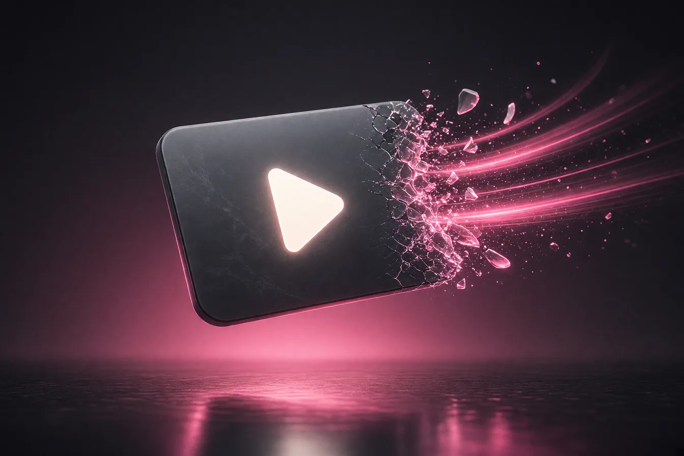 Stylized photo card dissolving into pink motion streaks with a play button, symbolizing photo-to-clip teasers