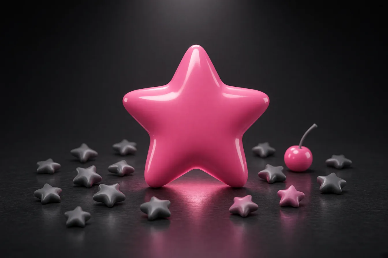 One large glossy pink star standing among small grey stars, with a pink cherry beside it