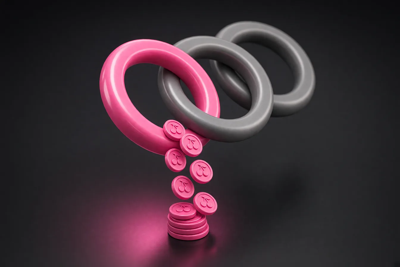 Chain of linked rings where the leading pink ring spills cherry coins into a stack