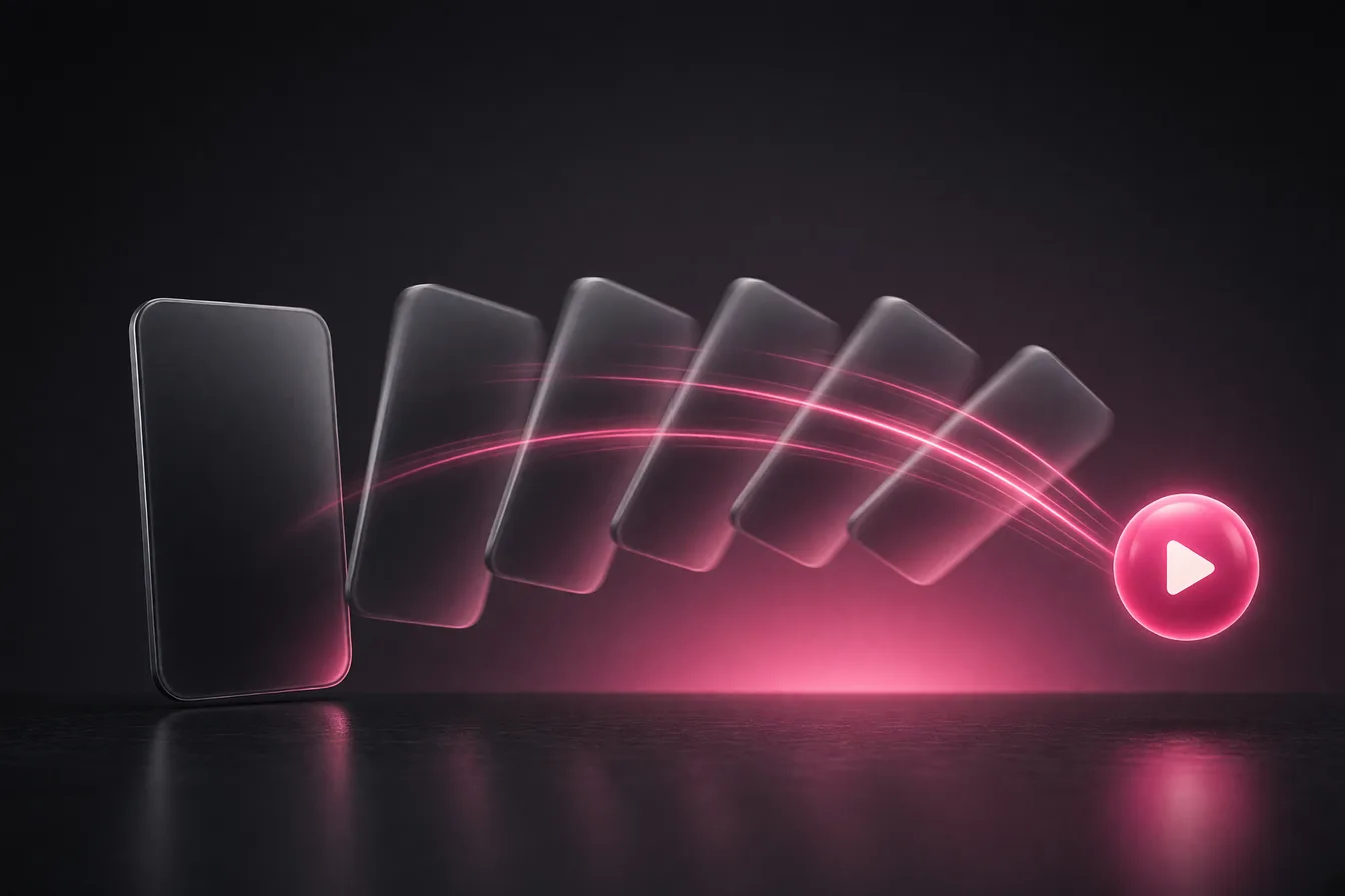 Photo card fanning into motion frames that end in a glowing play button