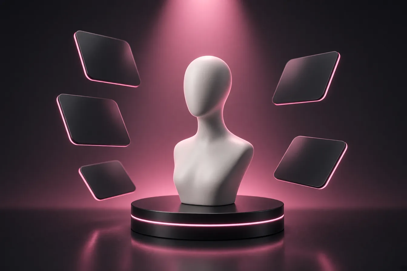 Stylized illustration of a female bust on a lit stage surrounded by orbiting content cards