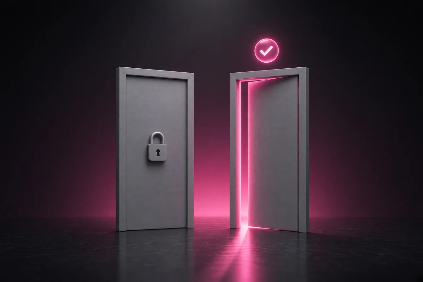 Two doors: one locked and grey, one ajar and glowing pink under a checkmark